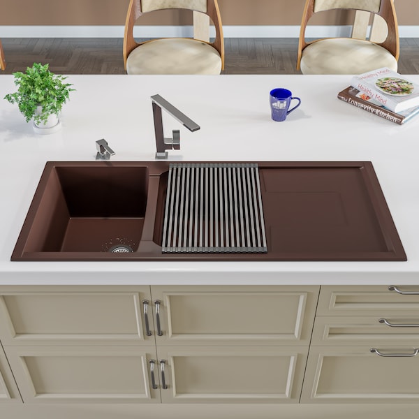 Chocolate 46 Dbl Bowl Granite Composite Kitchen Sink W/ Drainboard